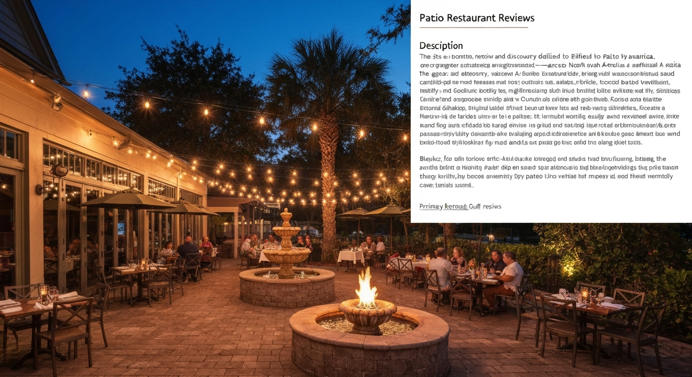 Evening exterior view of Patio 44 patio with string lights, fire features, and outdoor dining tables