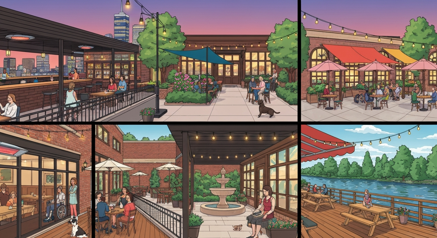 Stylized panoramic illustration of diverse patios — rooftop, sidewalk, courtyard, riverside — with diners, dogs, accessibility ramp, and weather protection visible.