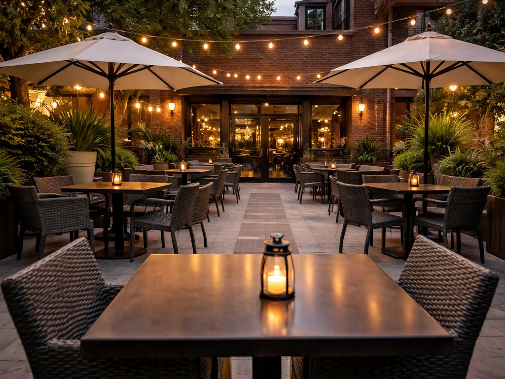 Clean downtown patio with spaced tables, umbrellas, soft string lights, and a clear walkway between seating.