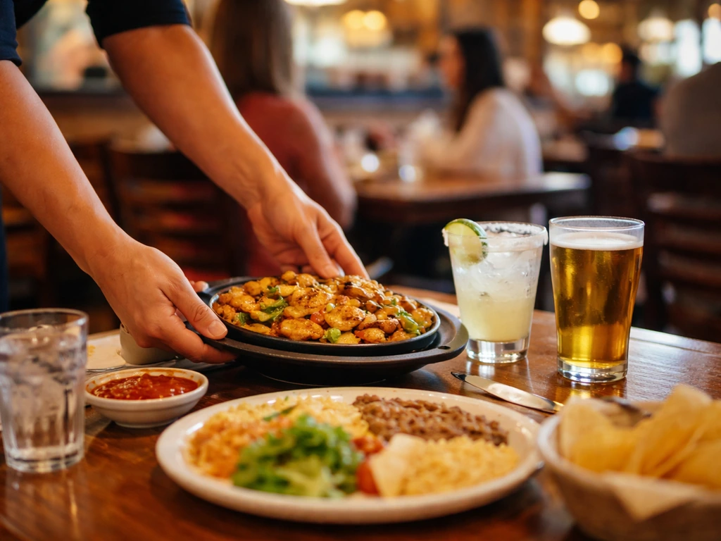 Server’s hands quickly placing drinks and food on a dining table in a warm Mexican restaurant.