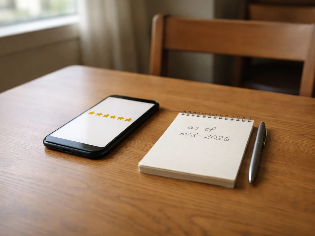 Minimal cafe-style tabletop with a smartphone showing a generic review rating pattern and a handwritten “as of mid-2026”