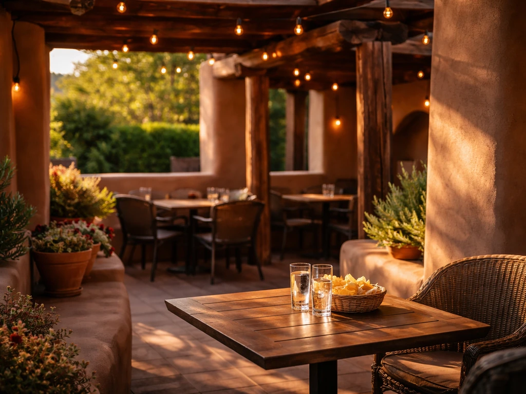 Golden-hour view of an inviting New Mexican-style patio with warm lights and rustic outdoor seating.