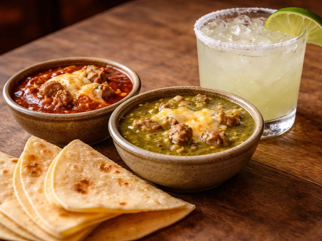 Close-up of New Mexican red and green chile plates with a frozen margarita in a simple setting.