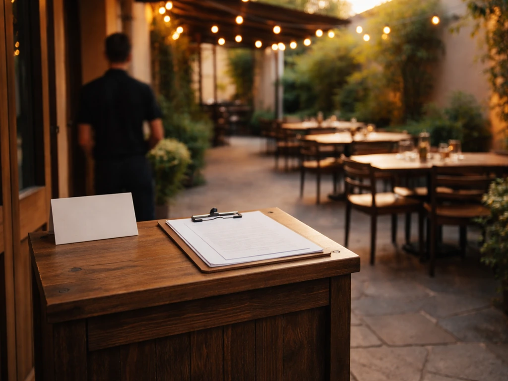 Late-afternoon view of an empty patio dining area with a small reservation-style host stand and waiting cues
