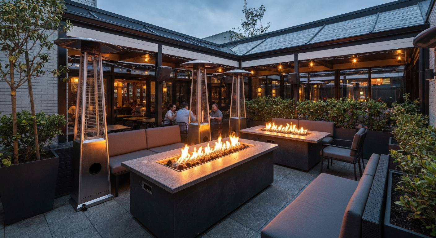 The Patio San Francisco patio at dusk with central gas firepit lit, overhead heaters glowing, and guests seated around the fire.