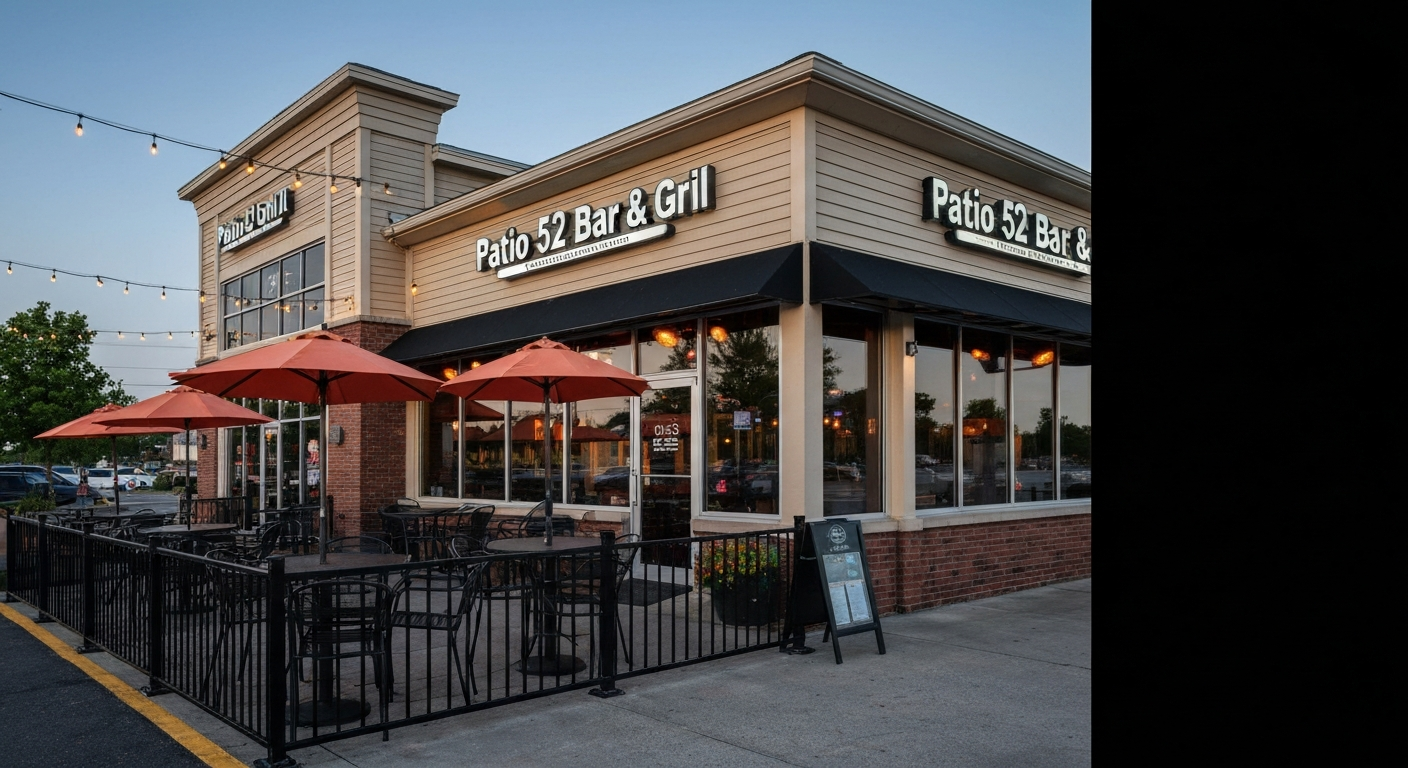 Exterior view of Patio 52 Bar & Grill showing outdoor patio seating and storefront signage at 309 N Oak St, Stover, Missouri.
