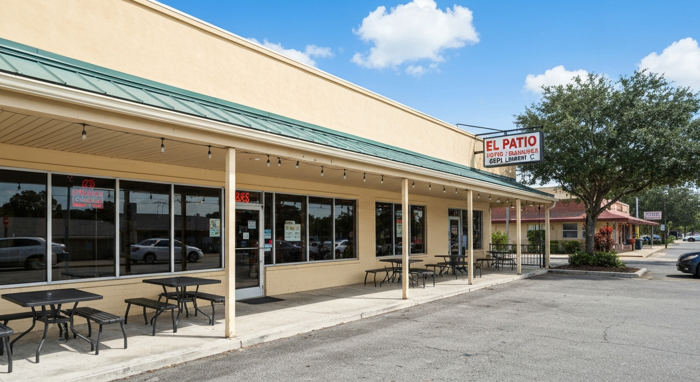 Exterior of El Patio Bushnell at 6092 Lowery St showing the walk-up taqueria storefront and outdoor seating.