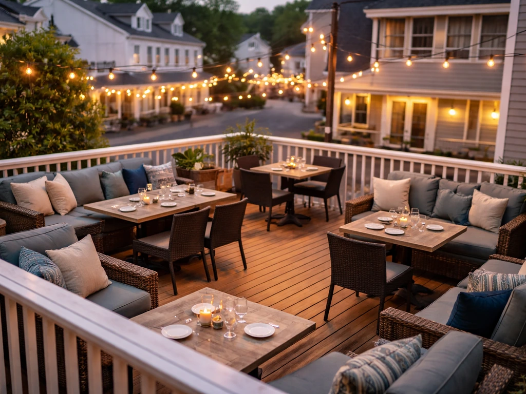 Warm evening view of an Ogunquit patio deck with comfortable cushioned seating and inviting outdoor ambience.