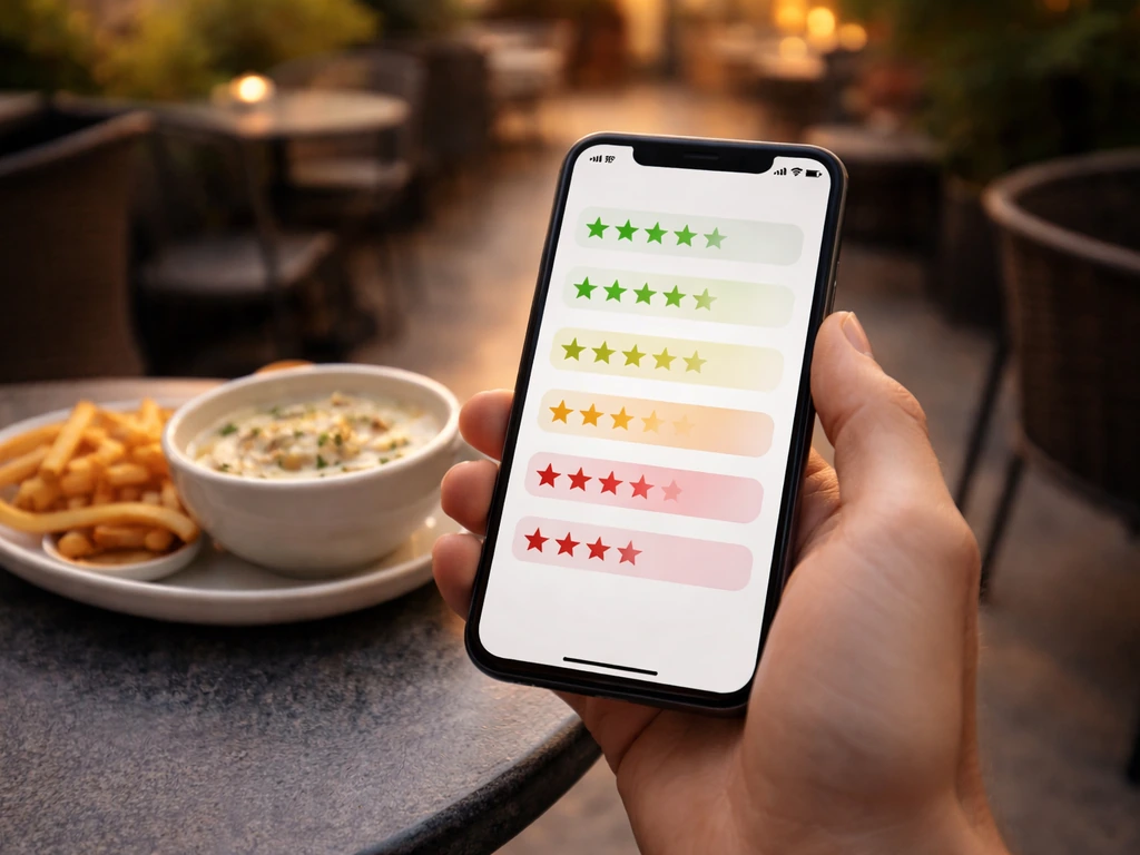 Close-up of a phone screen showing a simple star rating distribution and highlighted review themes