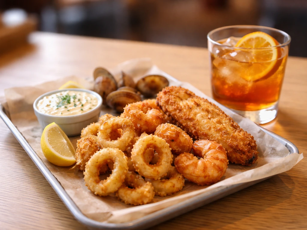 Fried calamari and shrimp platter with lemon and a glass of amber cocktail on a light wood table.