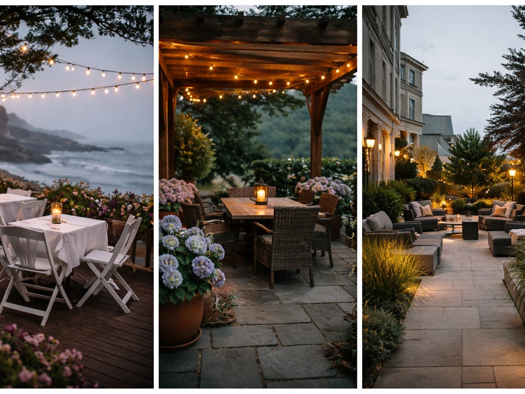 Two or three simple Ogunquit-area patio exteriors side by side as alternative options.