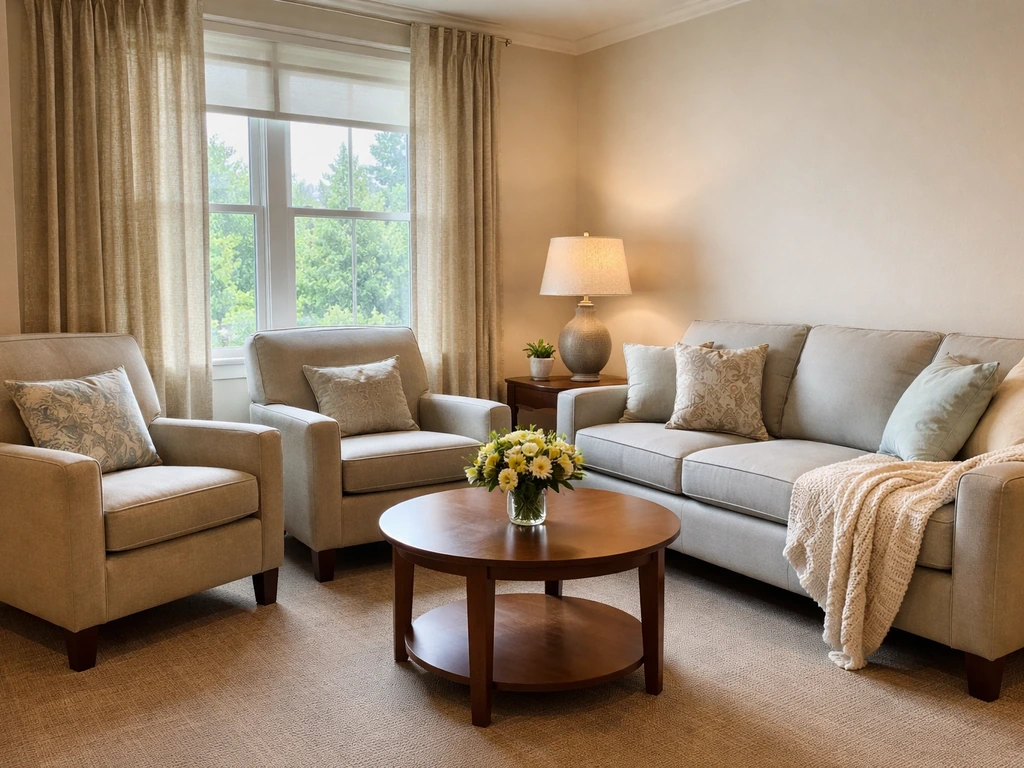 Warm, comfortable resident lounge with soft seating and natural light