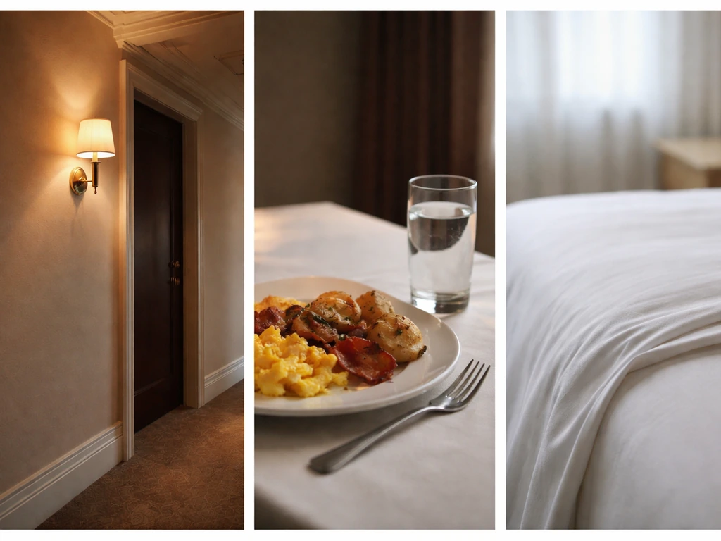 Minimal hotel scene showing warm lighting, a breakfast table moment, and closeup bed cleanliness details.