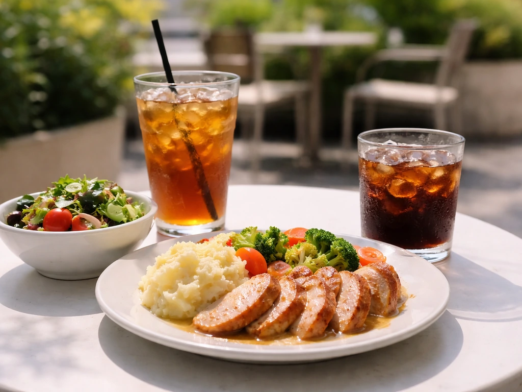 Minimal plate and two drinks on a café table with sunlight, suggesting typical order portions