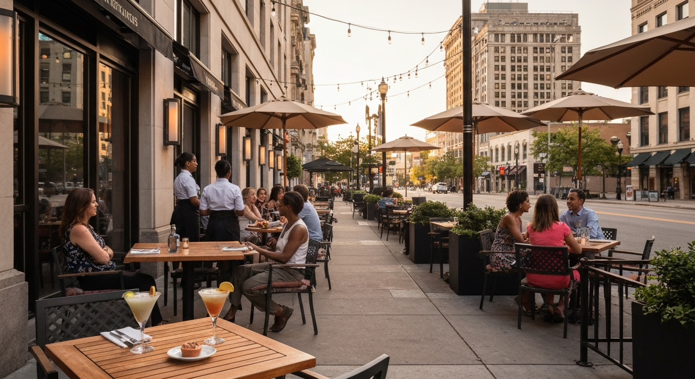 Wide-angle view of the Patio at a downtown hotel: umbrella-covered tables, string lights, diners, and two frozen cocktails on a table with a street view in the background.