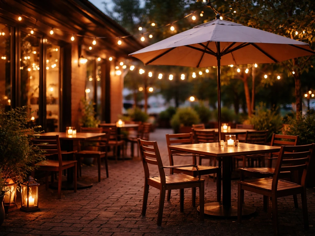 Warm string-lit outdoor patio at dusk with umbrella shade and empty chairs, inviting dining atmosphere.