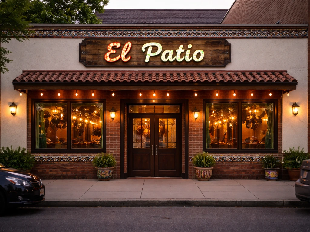 Exterior view of an El Patio restaurant storefront with signage, cars parked nearby, evening natural light.