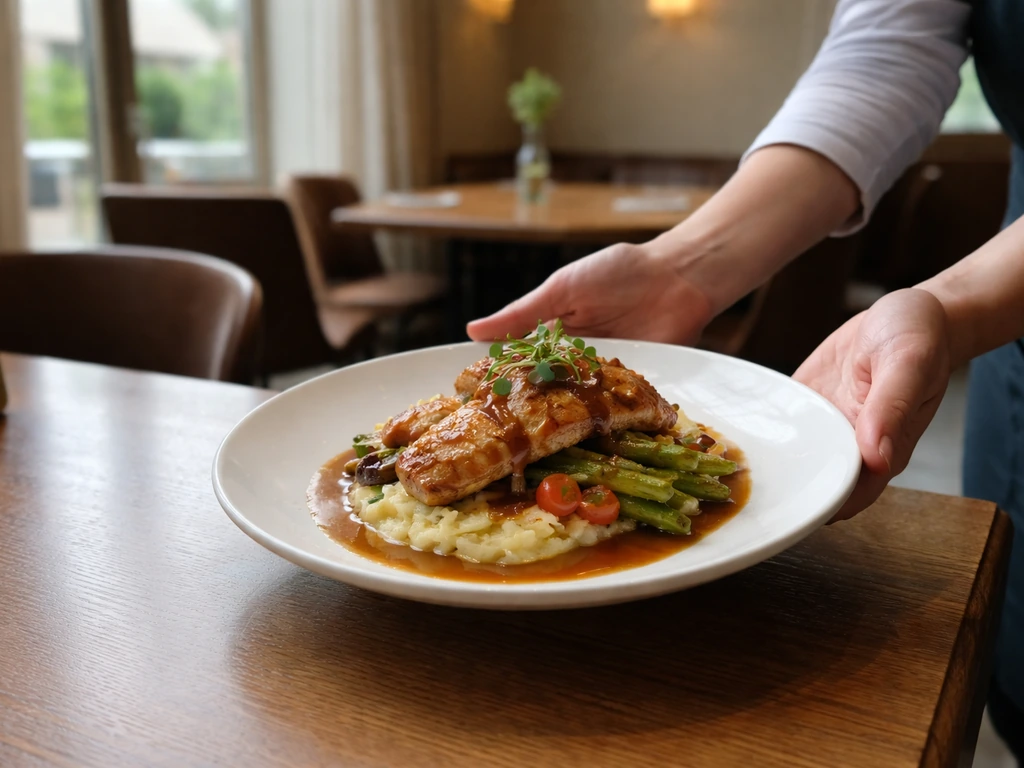 Restaurant server brings a plated meal to a dining table, showing fast, friendly service.