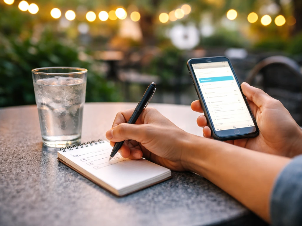 Person in a quiet patio setting fills a booking checklist on a phone and notepad