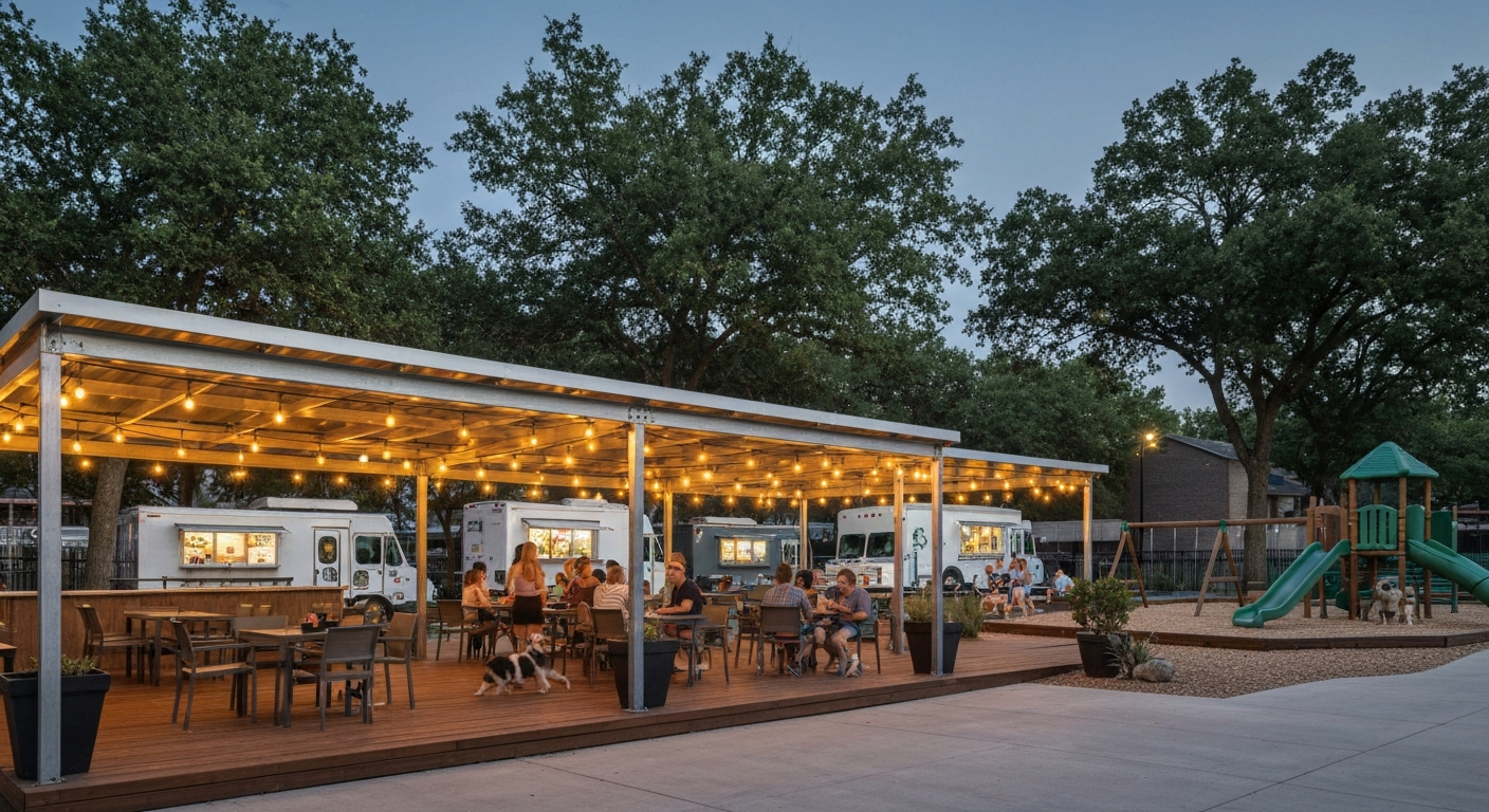 Overview of El Patio at Mason: covered outdoor patio with string lights, picnic tables, food trucks, and playground at dusk.