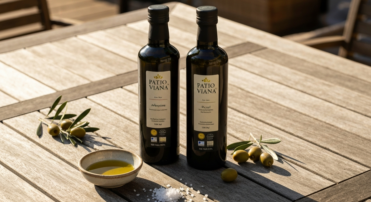 Two Patio de Viana 500 ml bottles (Arbequina and Picual) styled on a wooden patio table with a dipping bowl, olive branches and warm golden-hour light; label and harvest date stamp visible.