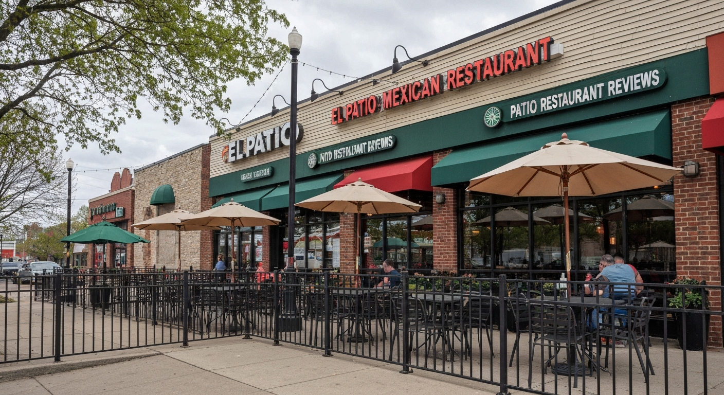 Exterior daytime photo of El Patio Mexican Restaurant (Troy) showing patio seating, umbrellas, and storefront signage.