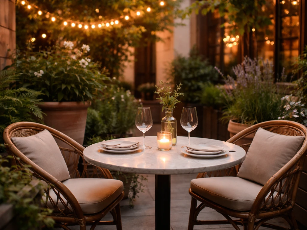 Bright outdoor patio with empty tables and potted greenery, warm casual neighborhood restaurant atmosphere.