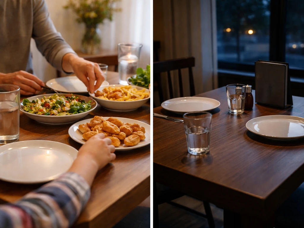 Minimal split scene: casual family dinner table on one side, empty less-inviting dining cues on the other.