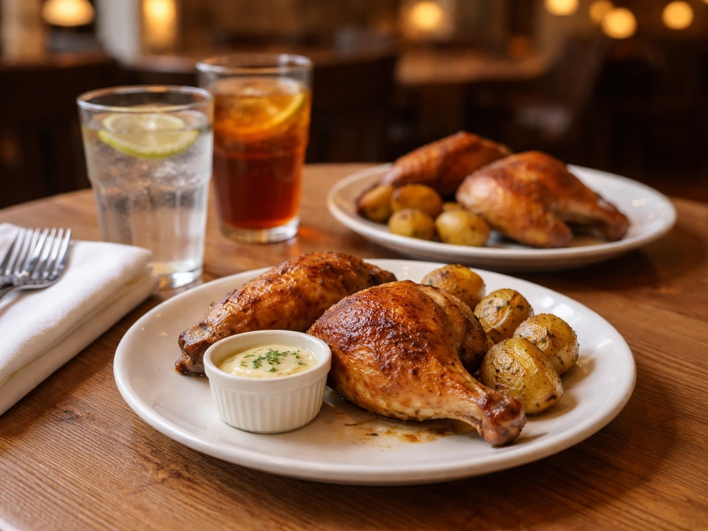 Rotisserie chicken quarter and half-style plates with sides and iced drinks on a restaurant table.