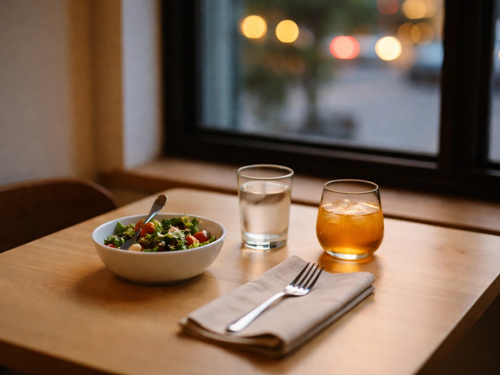 Table set with a casual meal and an evening drink, suggesting lunch and weekend visiting times