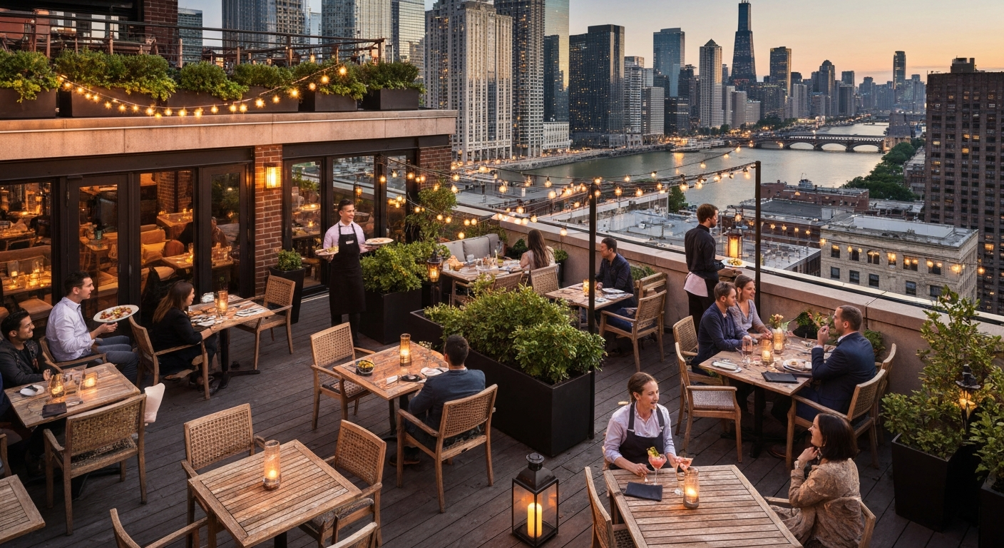 Multi-level Chicago rooftop patio at sunset with string lights, diners, servers, and the skyline in the background.