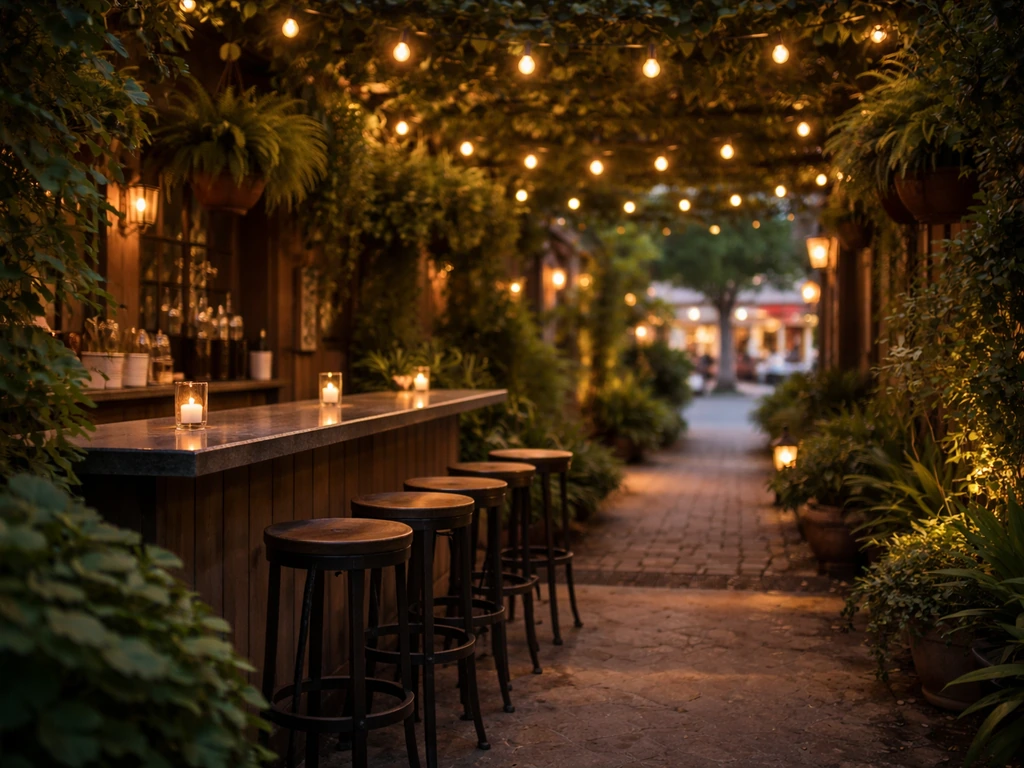 Warmly lit garden patio bar ambiance in downtown San Marcos, Texas at evening.