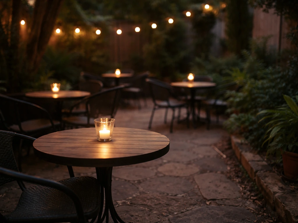 Warm, intimate garden patio at evening with glowing lights, small tables, and surrounding greenery.