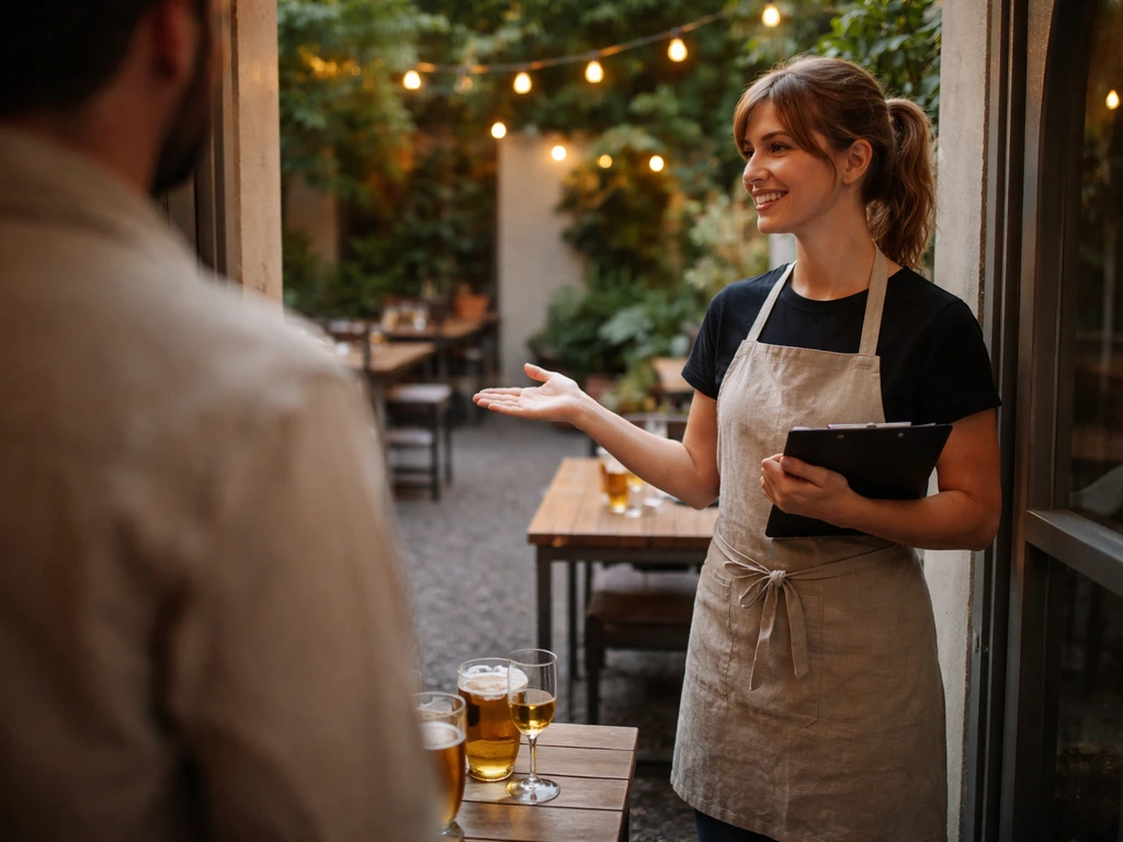 Host staff member greeting guests at a small patio entrance with wine and beer atmosphere