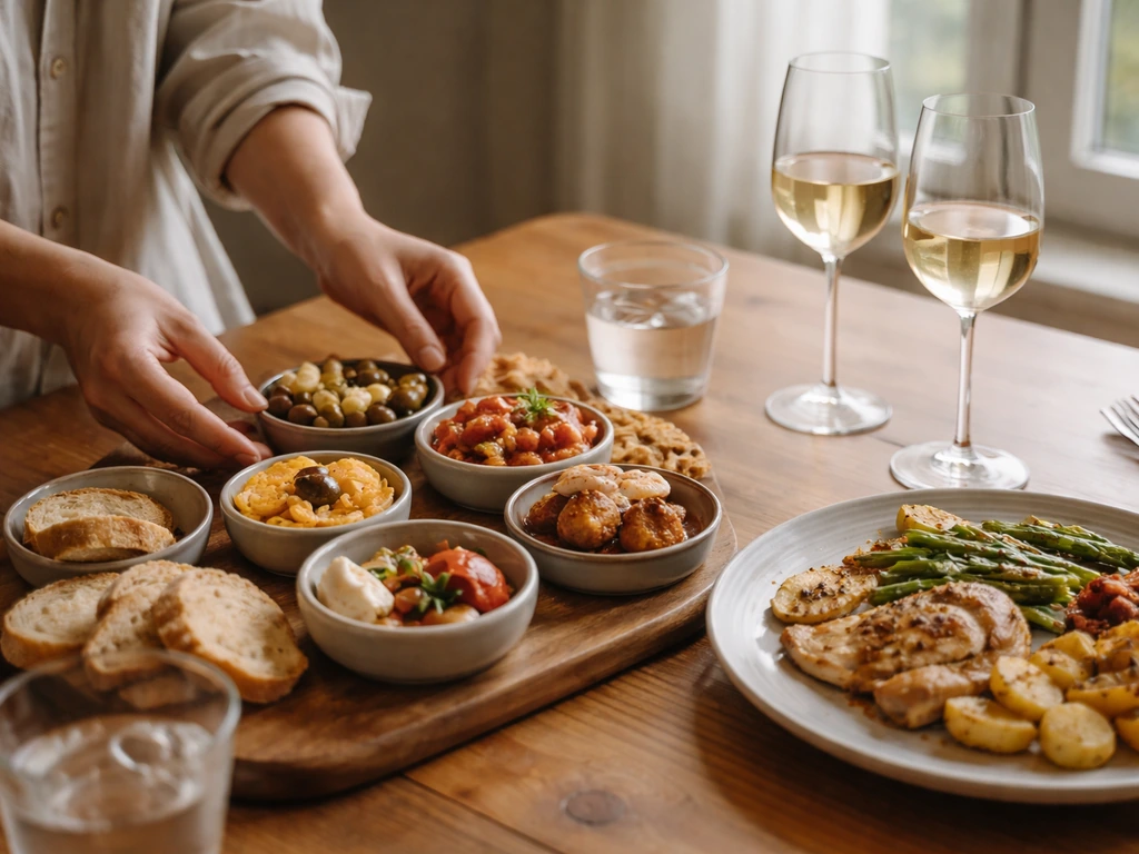 Split plate setting: small tapas bowls beside a full dinner plate, with a subtle 21+ themed mood