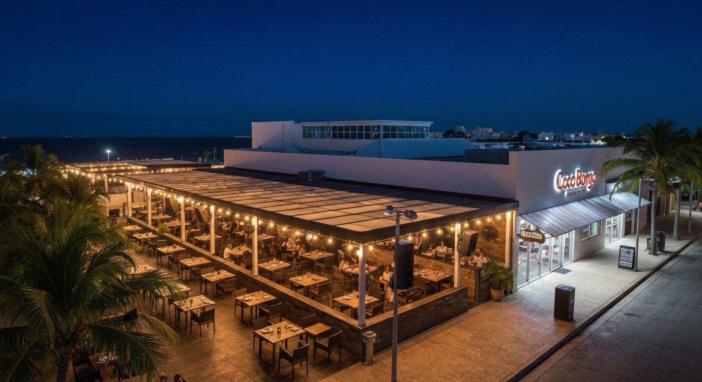 Wide night view of Pal Patio's open-air patio on Downtown Punta Cana with ambient lighting and neighboring Coco Bongo visible