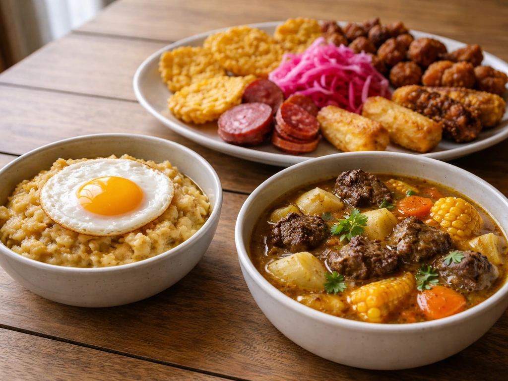 Wooden table with mangu, sancocho stew, and a sharing-style snack plate highlighted.