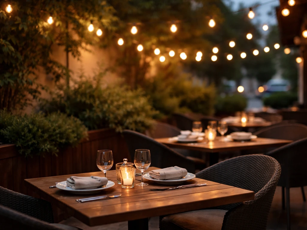 Close view of a quiet outdoor patio dining setup with tables, chairs, and warm string lights.
