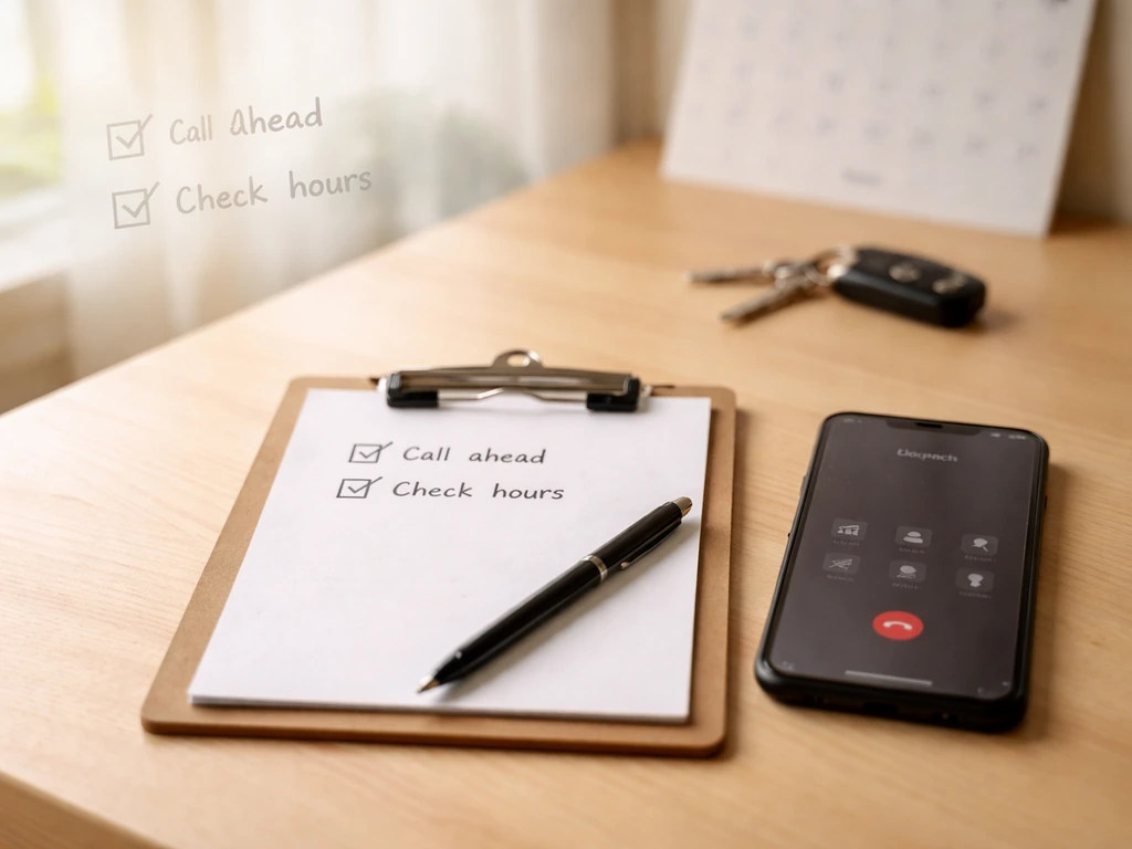 Minimal checklist on clipboard beside a phone and car keys, suggesting calling ahead and checking hours.