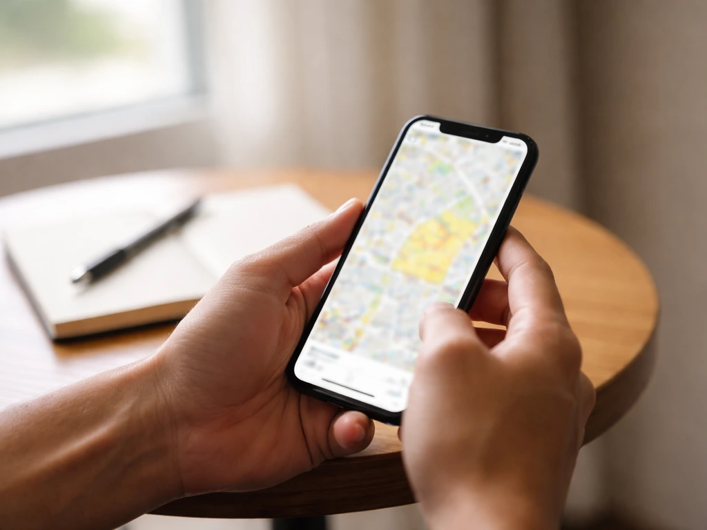 Hands checking a blurred hotel map on a smartphone to confirm the correct listing before reading reviews.