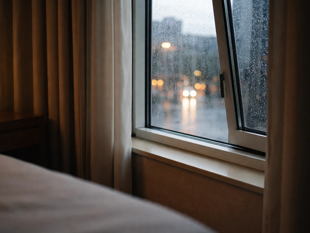Close-up of a hotel room window cracked open toward a quiet street at dusk, hinting at street noise risk.