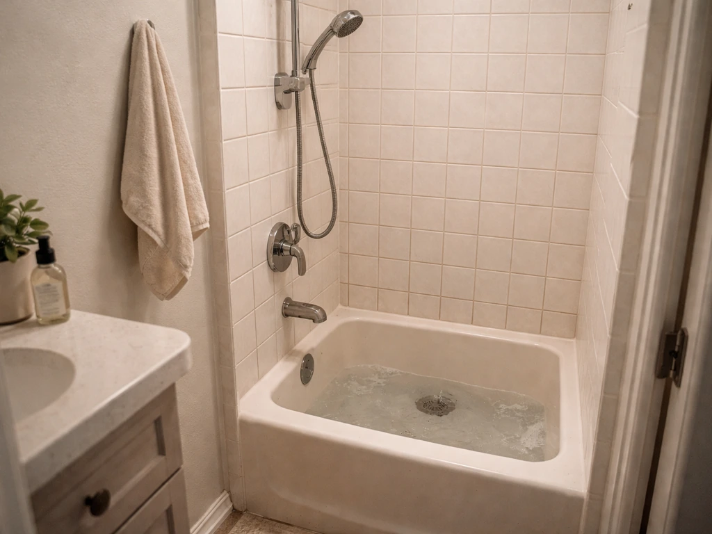 Compact hotel bathroom with shower/tub area showing slow drainage and slight standing water.